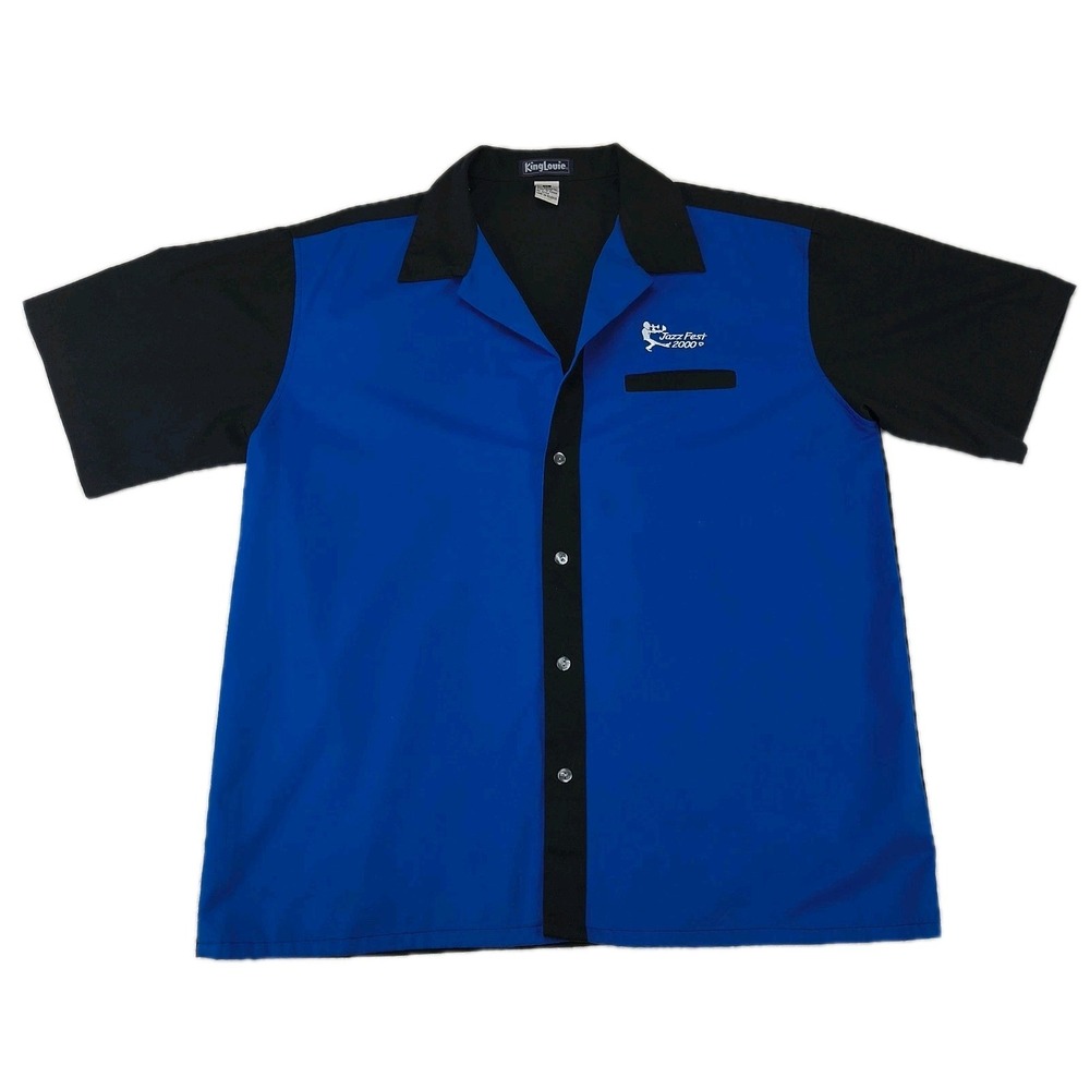 King Louie Mens XL Jazz‎ Fest 2000 Bowling Shirt Blue Black Short Sleeve Retro